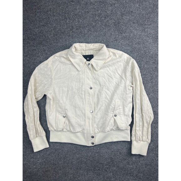 7 For All Mankind Jacket Women's M Cream Snap Up Floral Eyelet Sleeve Bomber - Picture 1 of 8